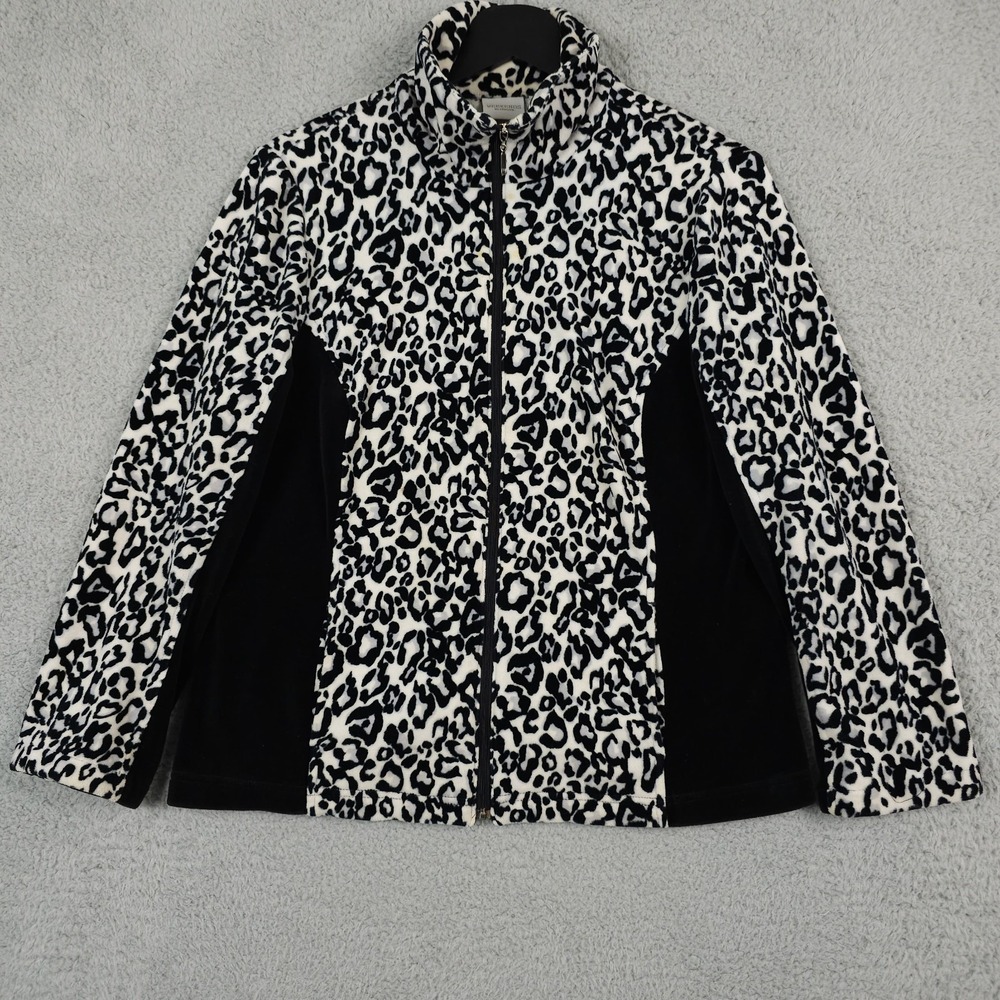 Weekends by Chicos Jacket Womens 1 US M Black White Leopard Velour Full Zip FLAW